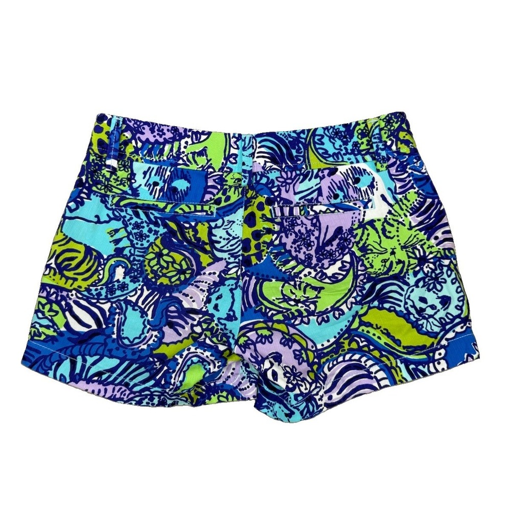 Lilly Pulitzer Shorts Women's 2 Blue Purple  Callahan Tropical Cat Cotton Preppy - Picture 6 of 13